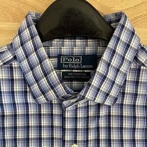 Polo Ralph Lauren Men's XL Westerton 2-Ply Plaid Button Up Spread Shirt Blue EUC